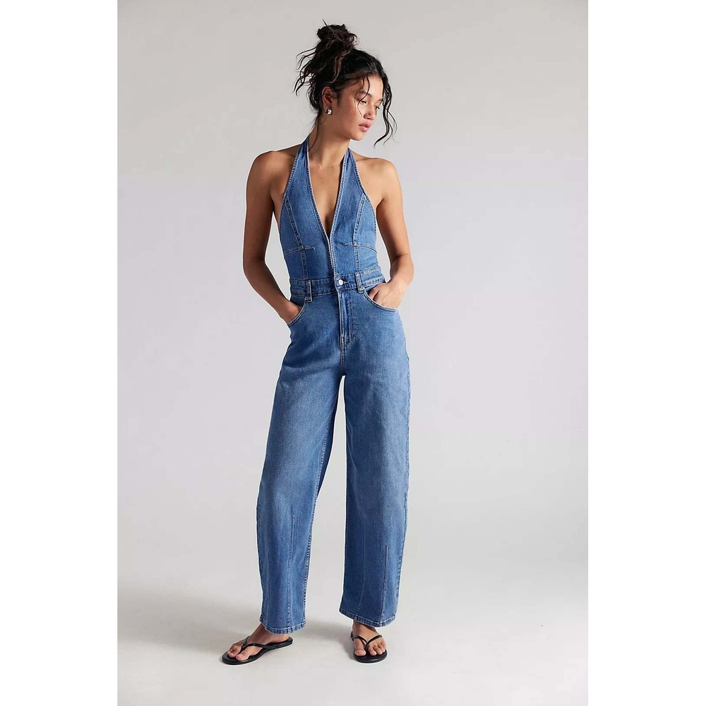 FP We The Free Lark Denim Jumpsuit Halter Neck Wide Leg Blue Medium Wash SIze L